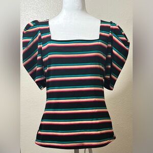 EUC Striped Square Neck Puffer Sleeve Top Size L Black